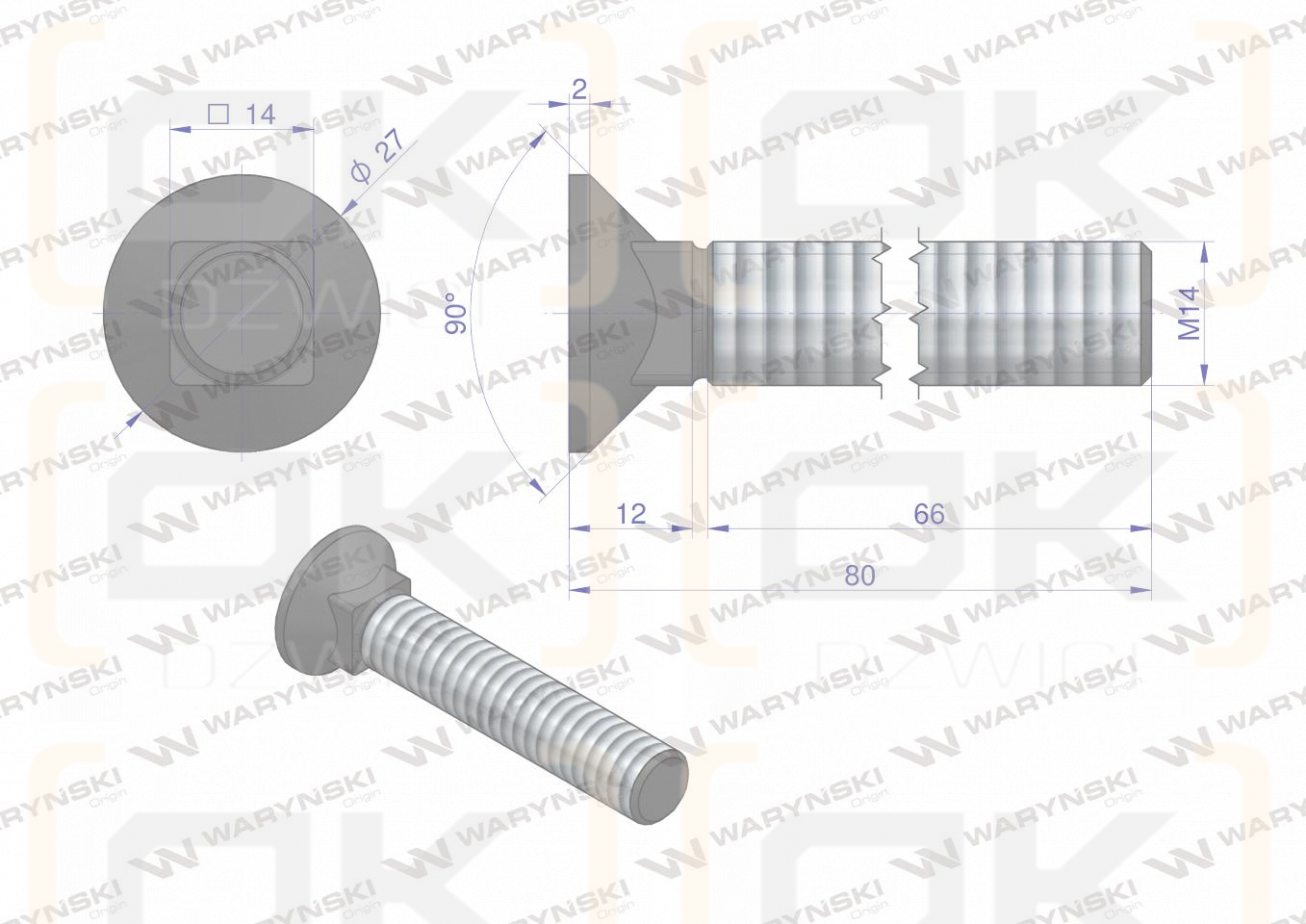 Śruba kpl. płużna podsadzana D 608 M14x80 mm kl.10.9 Waryński ( sprzedawane po 10 )