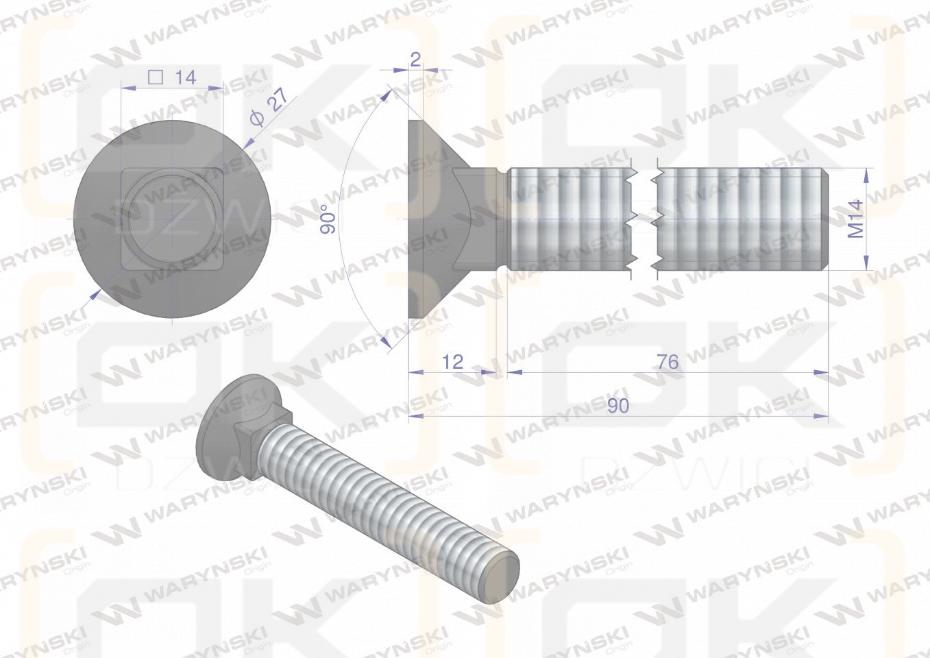 Śruba kpl. płużna podsadzana D 608 M14x90 mm kl.10.9 Waryński ( sprzedawane po 10 )