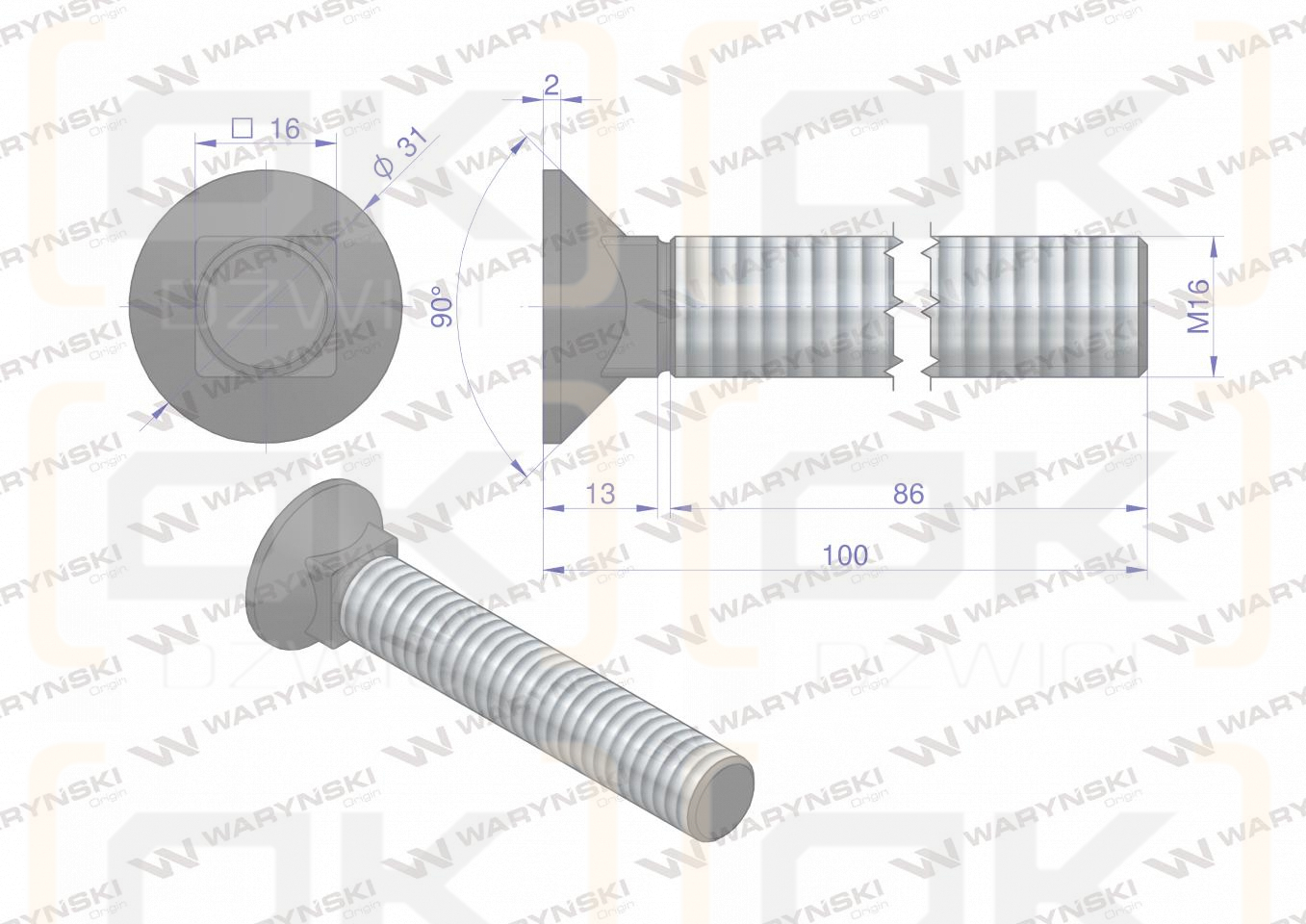 Śruba kpl. płużna podsadzana D 608 M16x100 mm kl.10.9 Waryński ( sprzedawane po 10 )
