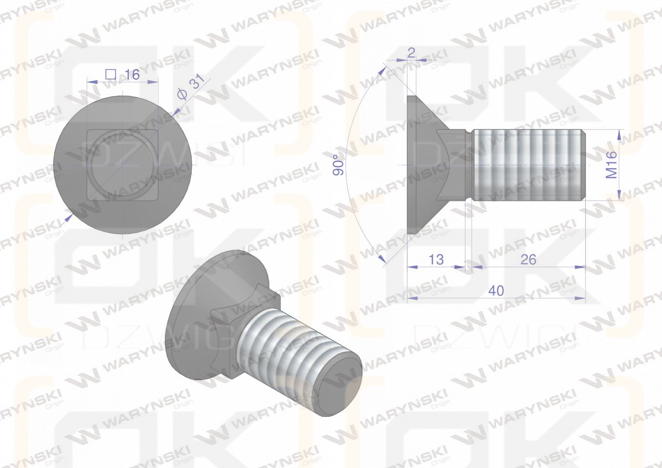 Śruba kpl. płużna podsadzana D 608 M16x40 mm kl.10.9 Waryński ( sprzedawane po 10 )