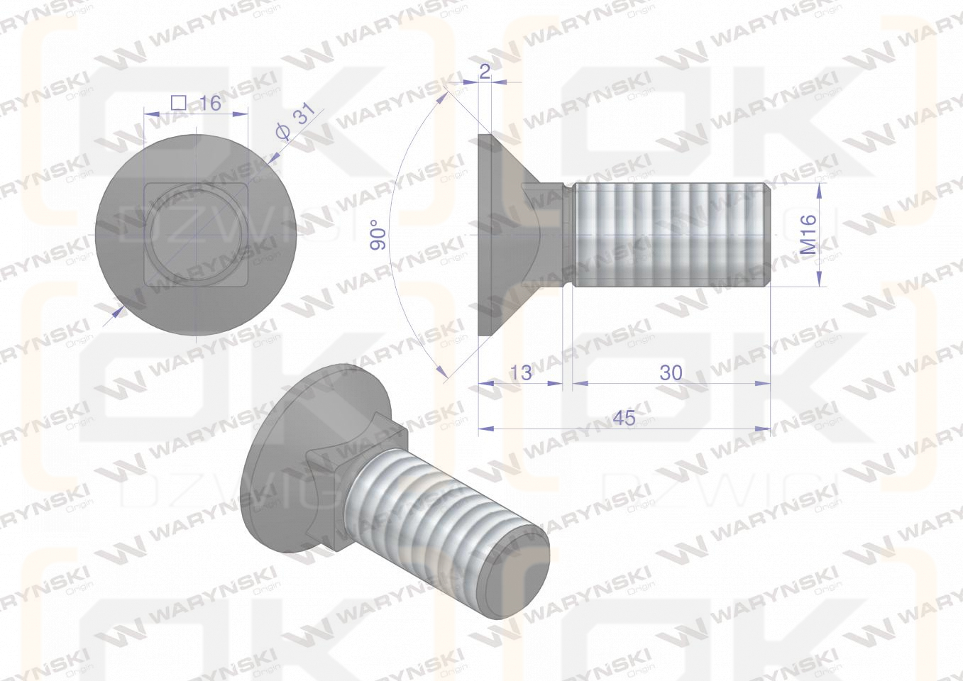 Śruba kpl. płużna podsadzana D 608 M16x45 mm kl.10.9 Waryński ( sprzedawane po 10 )