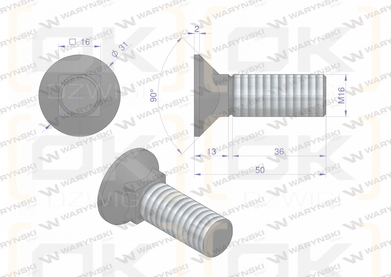 Śruba kpl. płużna podsadzana D 608 M16x50 mm kl.10.9 Waryński ( sprzedawane po 10 )