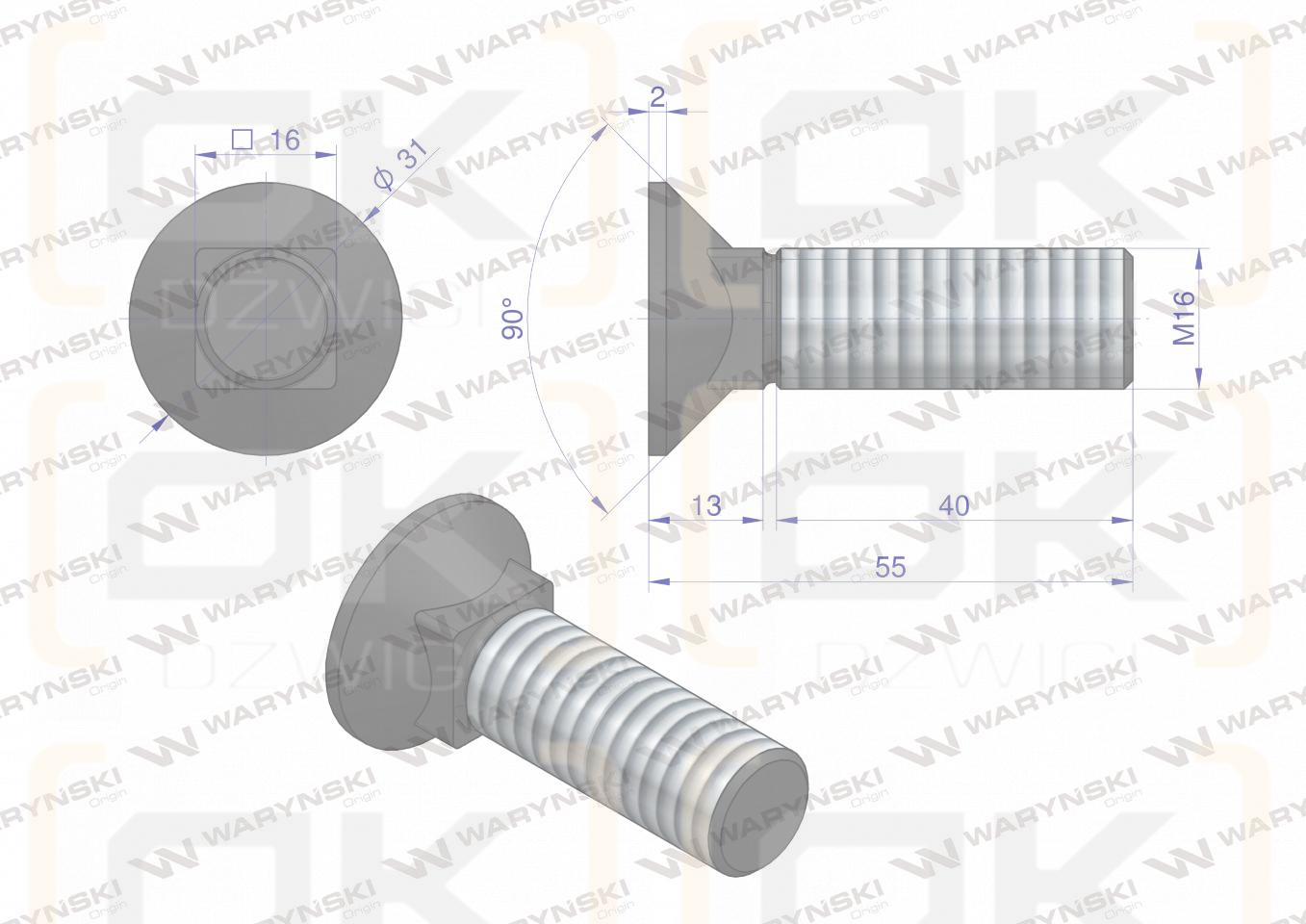 Śruba kpl. płużna podsadzana D 608 M16x55 mm kl.10.9 Waryński ( sprzedawane po 10 )