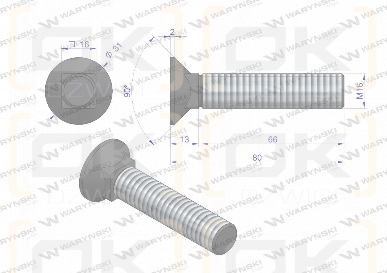 Śruba kpl. płużna podsadzana D 608 M16x80 mm kl.10.9 Waryński ( sprzedawane po 10 )