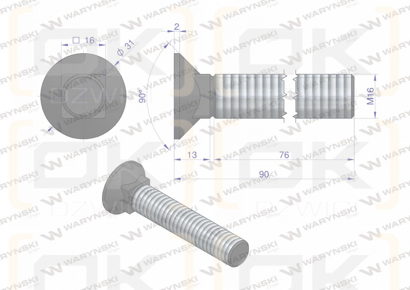 Śruba kpl. płużna podsadzana D 608 M16x90 mm kl.10.9 Waryński ( sprzedawane po 10 )