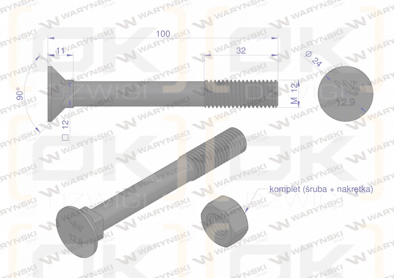 Śruba kpl. płużna podsadzana D 608 M12x100 mm kl.12.9 Waryński ( sprzedawane po 10 )