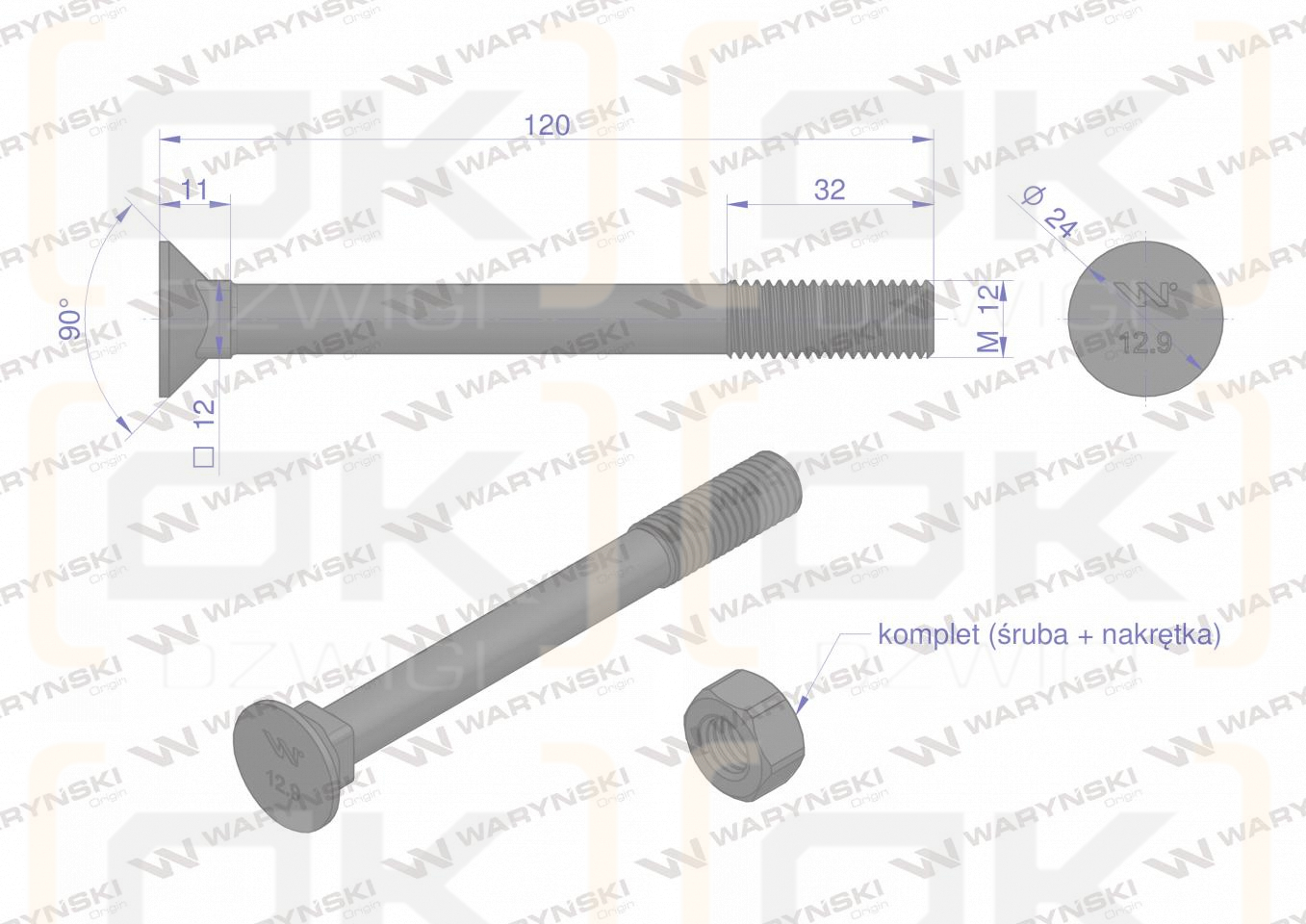 Śruba kpl. płużna podsadzana D 608 M12x120 mm kl.12.9 Waryński ( sprzedawane po 10 )