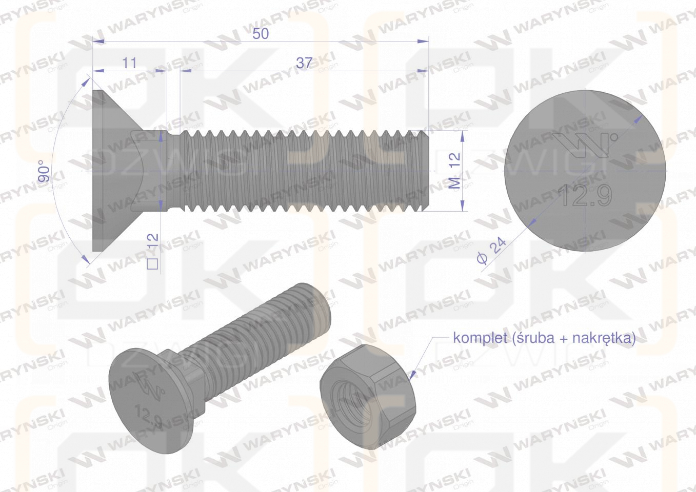 Śruba kpl. płużna podsadzana D 608 M12x50 mm kl.12.9 zastosowanie ząb SX Waryński ( sprzedawane po 25 )
