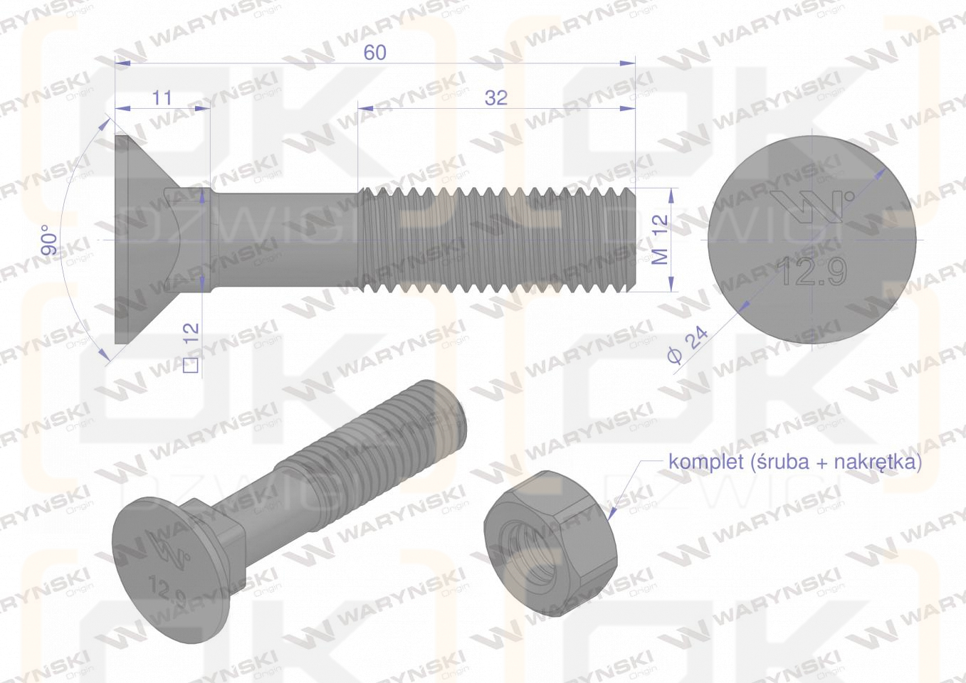 Śruba kpl. płużna podsadzana D 608 M12x60 mm kl.12.9 Waryński ( sprzedawane po 25 )