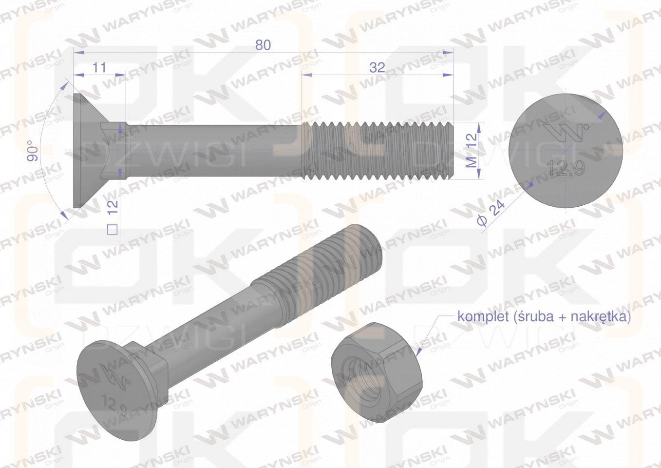 Śruba kpl. płużna podsadzana D 608 M12x80 mm kl.12.9 zastosowanie Gruber Waryński ( sprzedawane po 25 )