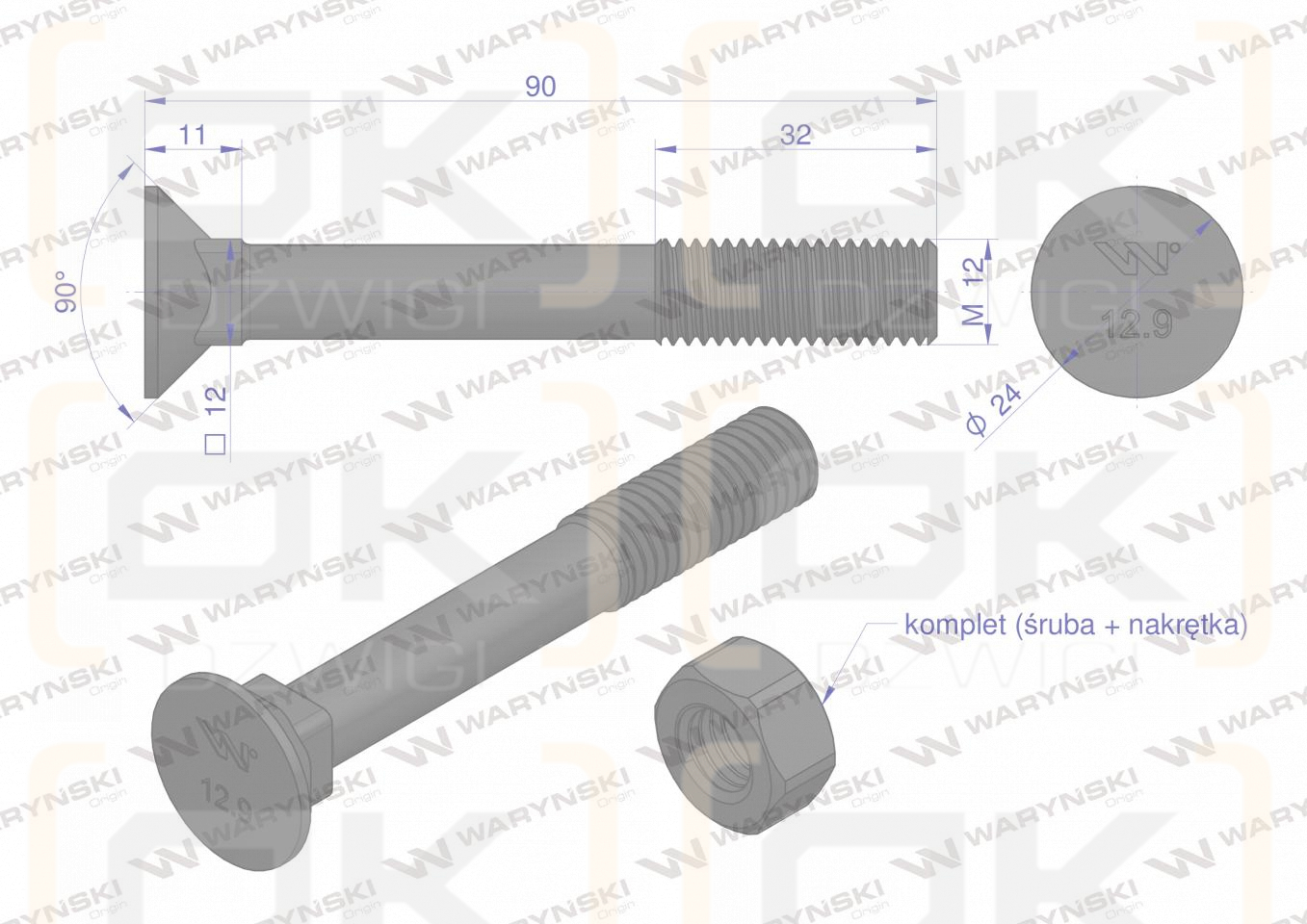 Śruba kpl. płużna podsadzana D 608 M12x90 mm kl.12.9 zastosowanie Gruber Waryński ( sprzedawane po 25 )