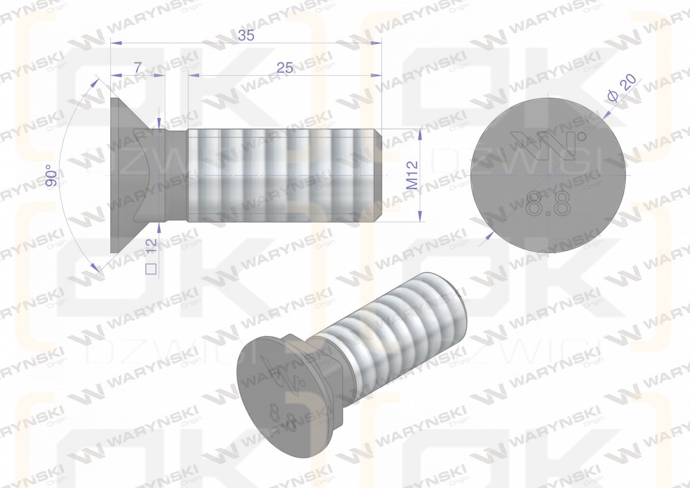 Śruba płużna podsadzana M12x35 mm kl.8.8 Waryński ( sprzedawane po 10kg )