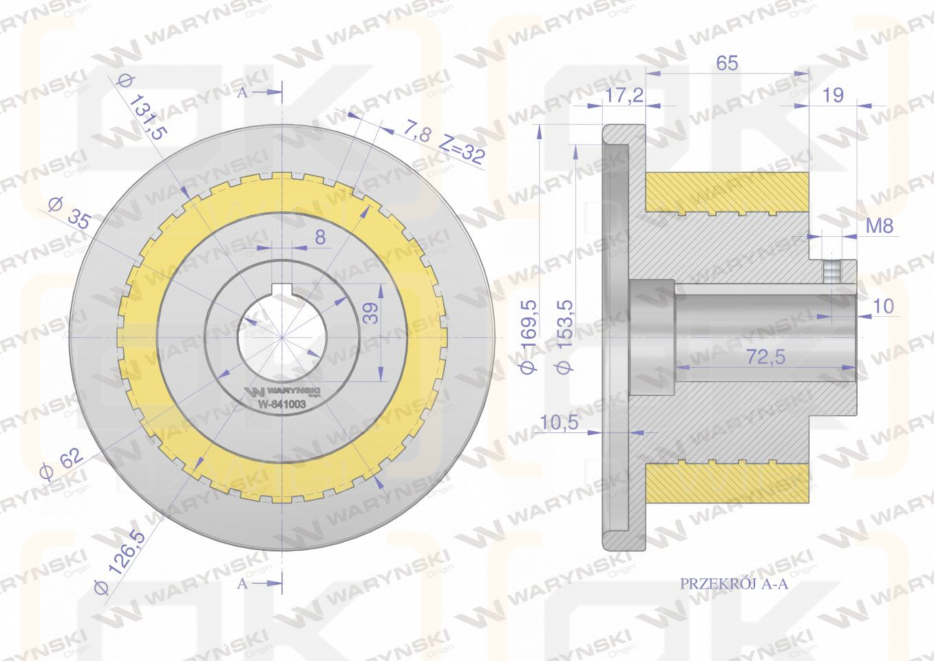 Rolka napędowa zębata z kołnierzem PU 168x71x35 zastosowanie 07600822 Grimme WARYŃSKI