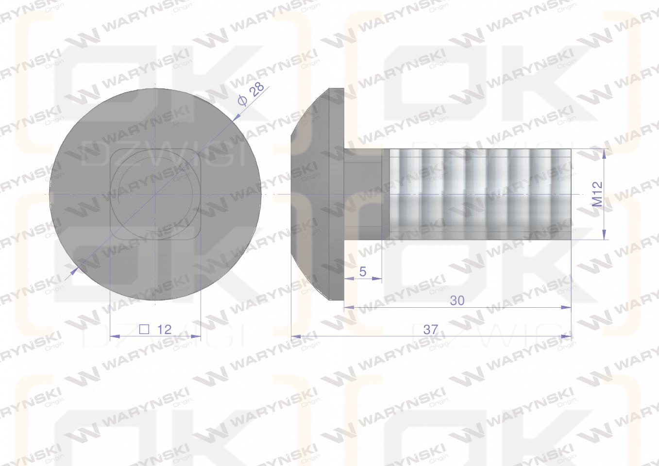 Śruba kpl. płużna grzybkowa podsadzana M12x30 mm kl.10.9 zastosowanie Lemken Smaragd Waryński ( sprzedawane po 25 )