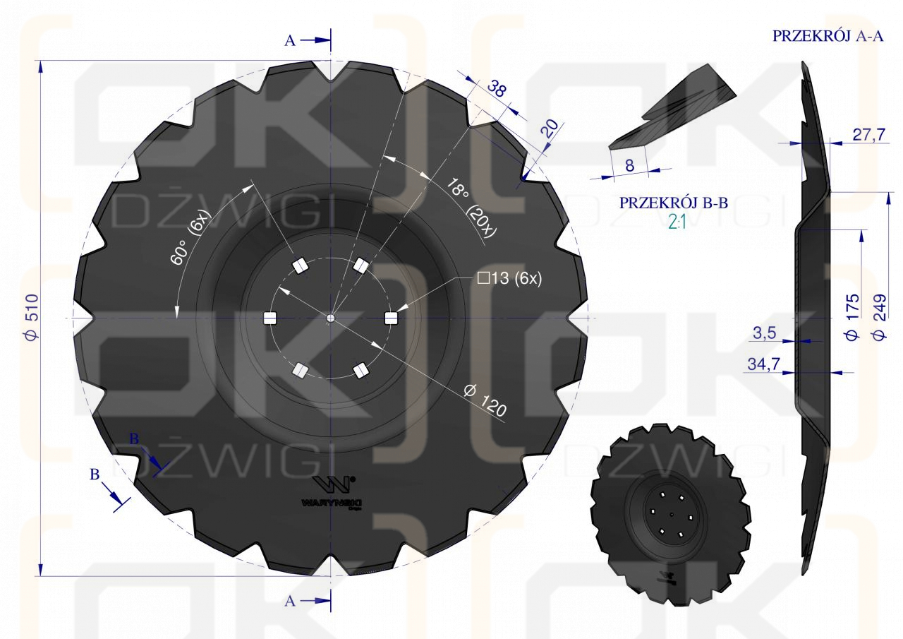 Talerz uzębiony Z-20 fi 510 mocowanie 6/120 grubość 3.5 mm przetłoczony stal borowa WARYŃSKI R