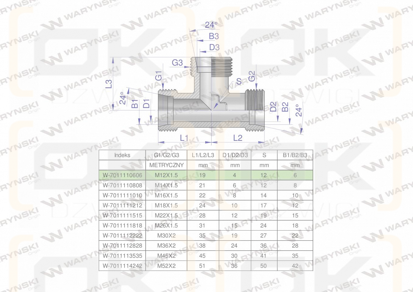 Trójnik hydrauliczny metryczny BBB M12x1.5 06L (XT) Waryński ( sprzedawane po 2 )