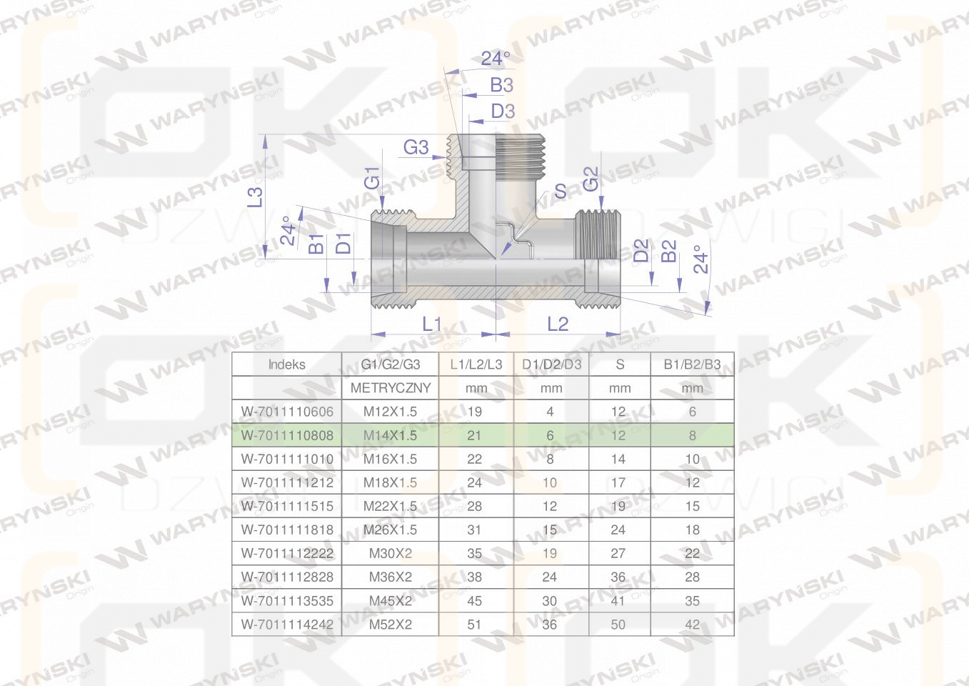 Trójnik hydrauliczny metryczny BBB M14x1.5 08L (XT) Waryński ( sprzedawane po 2 )