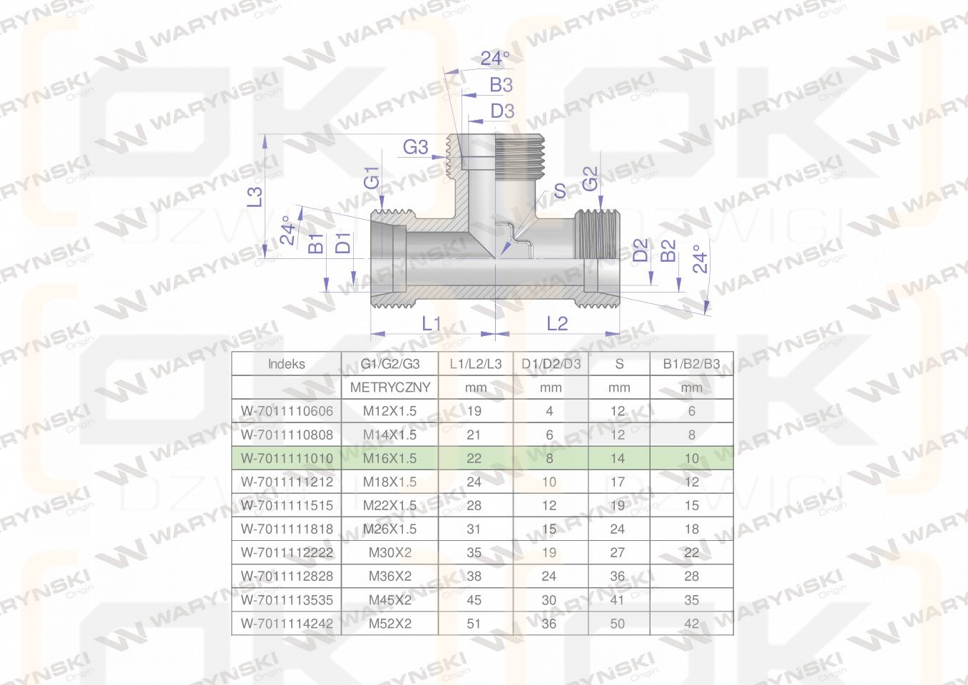 Trójnik hydrauliczny metryczny BBB M16x1.5 10L (XT) Waryński ( sprzedawane po 5 )