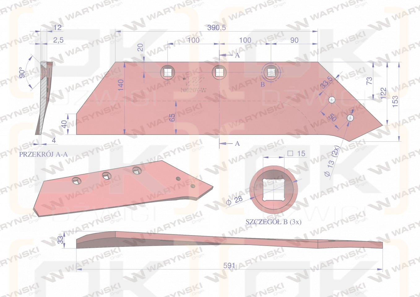 Hoja derecha de 16", aplicación de acero al boro Akpil WSM 40, Waryński