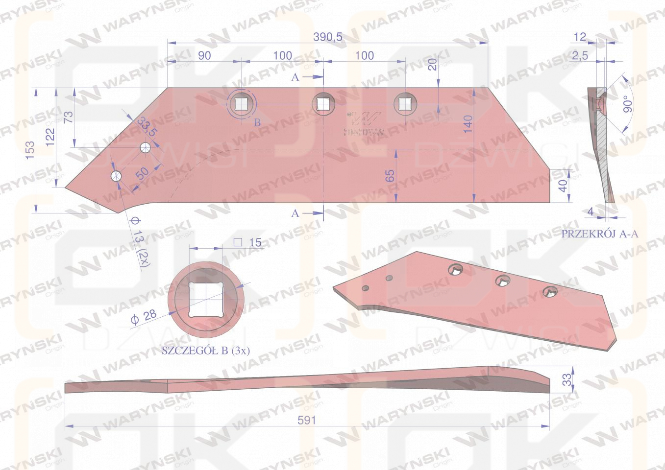 Hoja izquierda de 16", aplicación Akpil WSM 40 acero al boro, Waryński