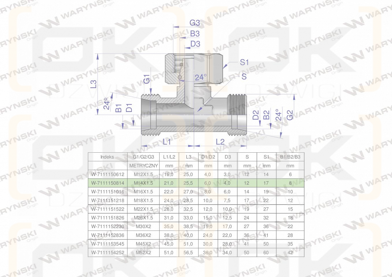Trójnik hydrauliczny symetryczny metryczny BAB M14x1.5 08L (XEVT) Waryński ( sprzedawane po 2 )