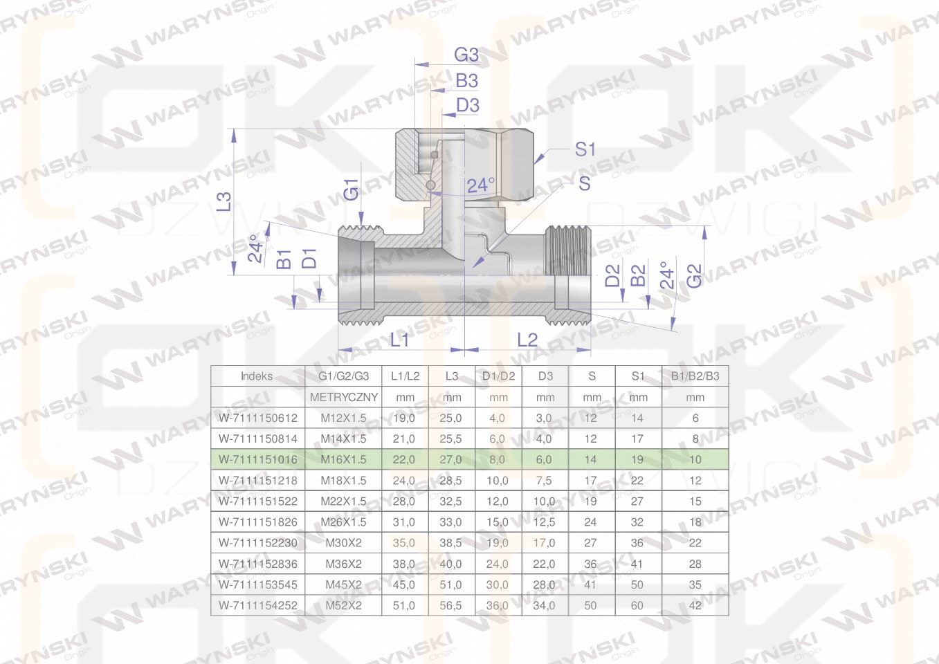 Trójnik hydrauliczny symetryczny metryczny BAB M16x1.5 10L (XEVT) Waryński ( sprzedawane po 5 )