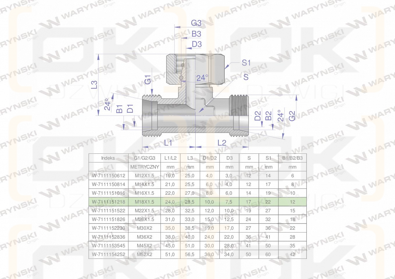 Trójnik hydrauliczny symetryczny metryczny BAB M18x1.5 12L (XEVT) Waryński ( sprzedawane po 5 )