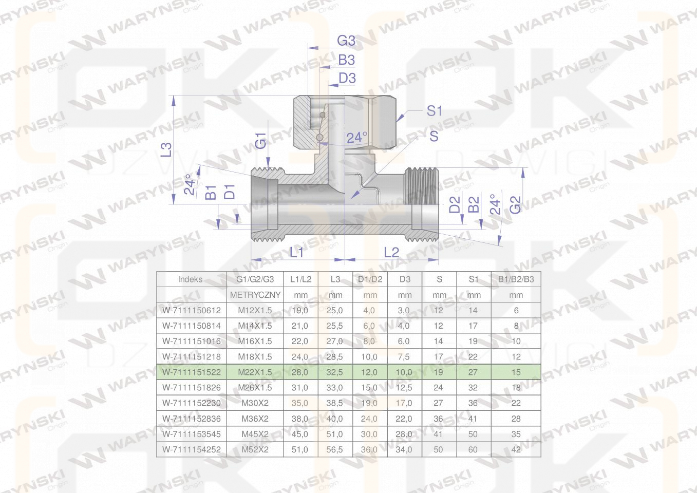 Trójnik hydrauliczny symetryczny metryczny BAB M22x1.5 15L (XEVT) Waryński ( sprzedawane po 5 )