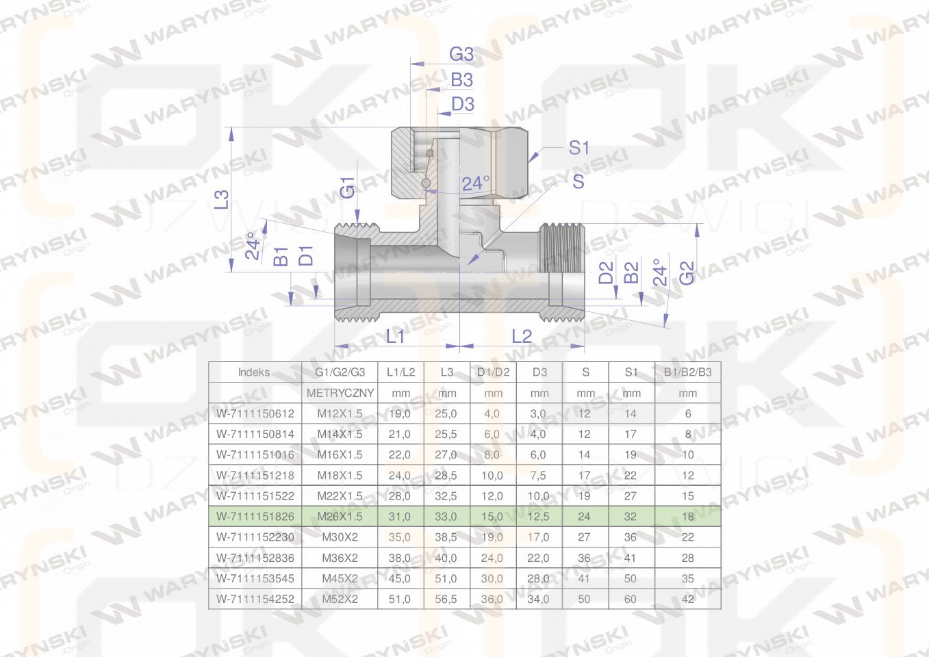 Trójnik hydrauliczny symetryczny metryczny BAB M26x1.5 18L (XEVT) Waryński