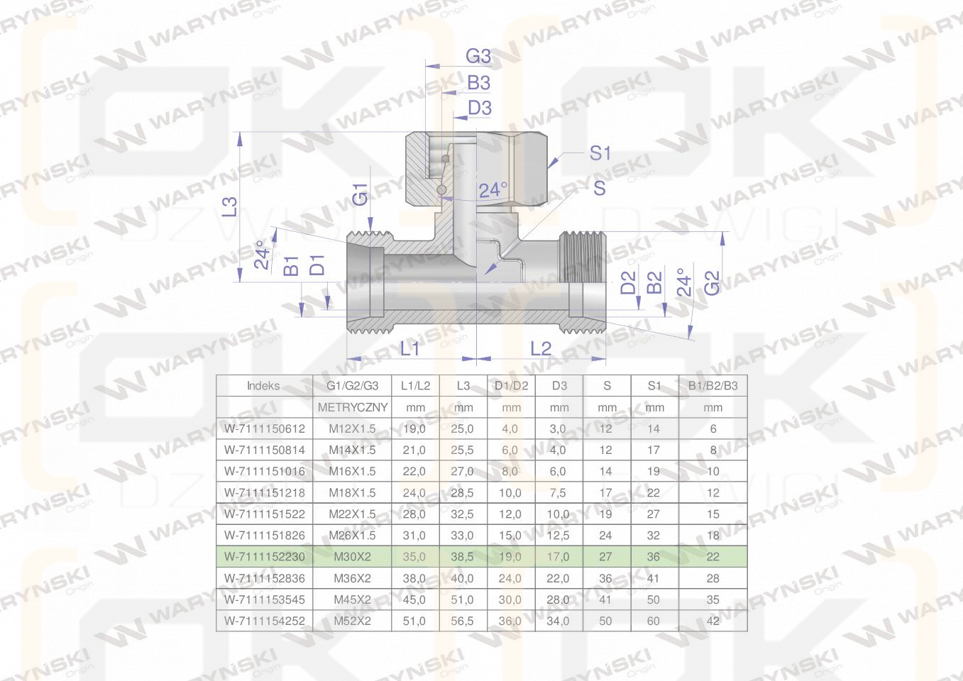 Trójnik hydrauliczny symetryczny metryczny BAB M30x2 22L (XEVT) Waryński