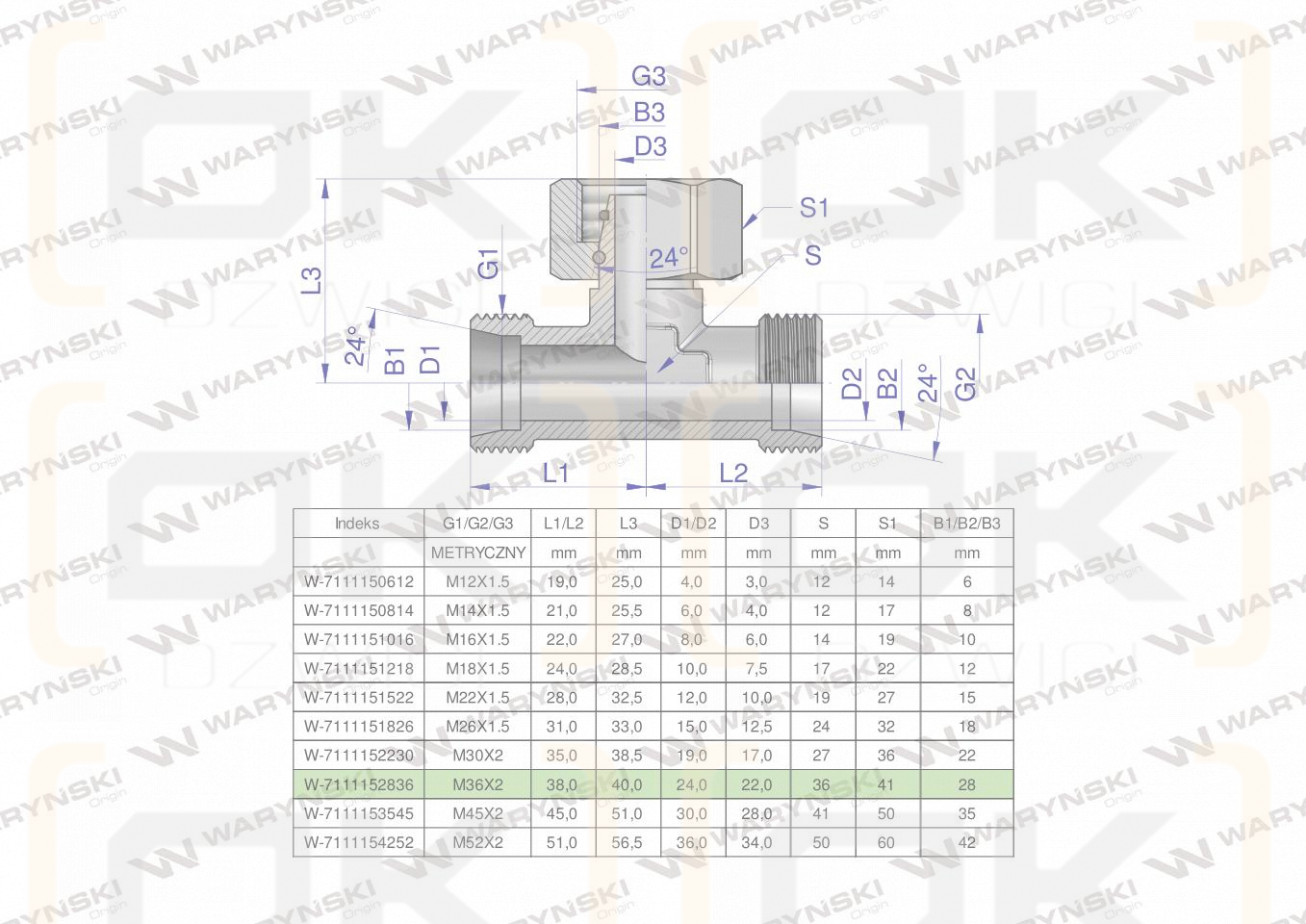 Trójnik hydrauliczny symetryczny metryczny BAB M36x2 28L (XEVT) Waryński