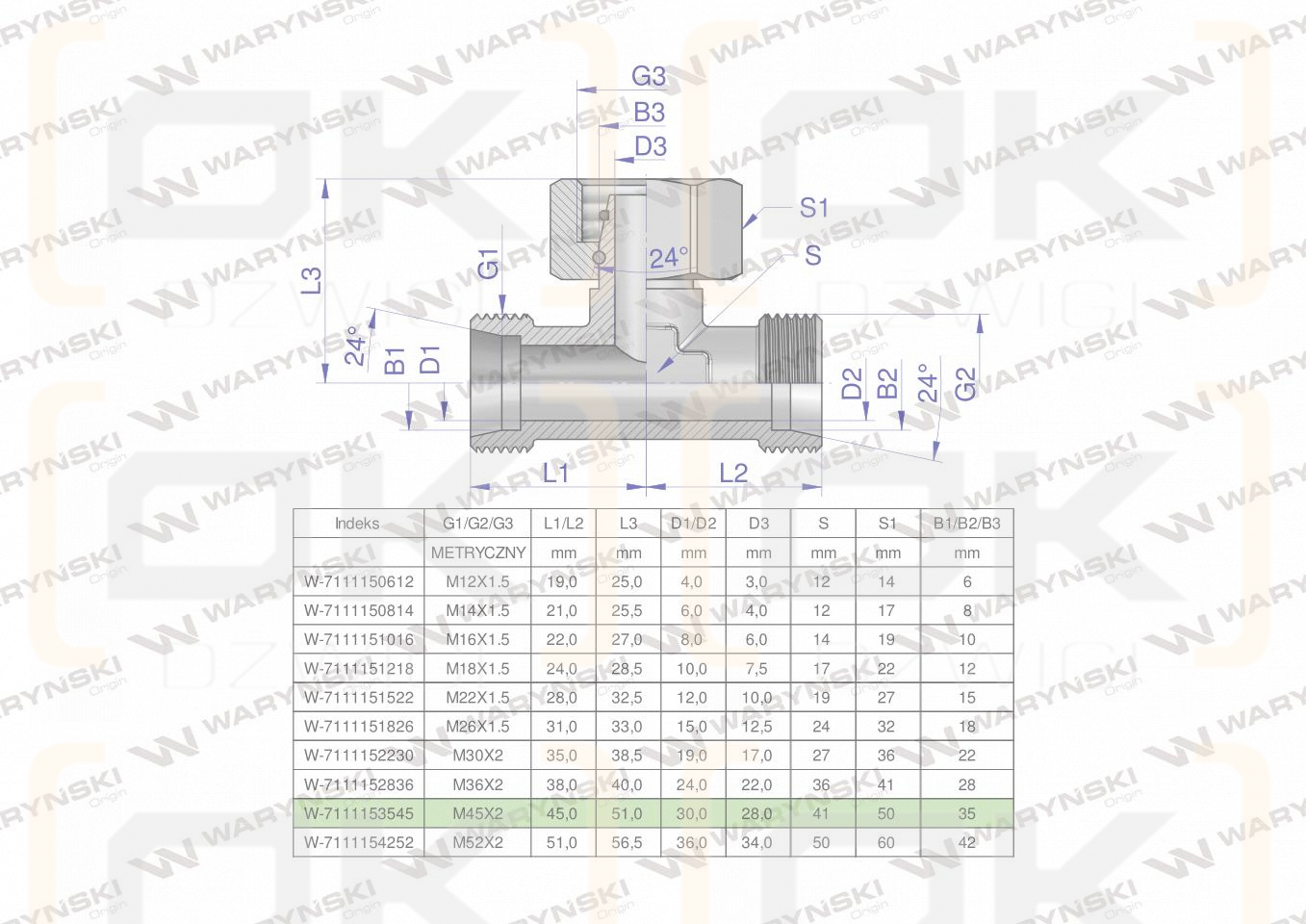 Trójnik hydrauliczny symetryczny metryczny BAB M45x2 35L (XEVT) Waryński