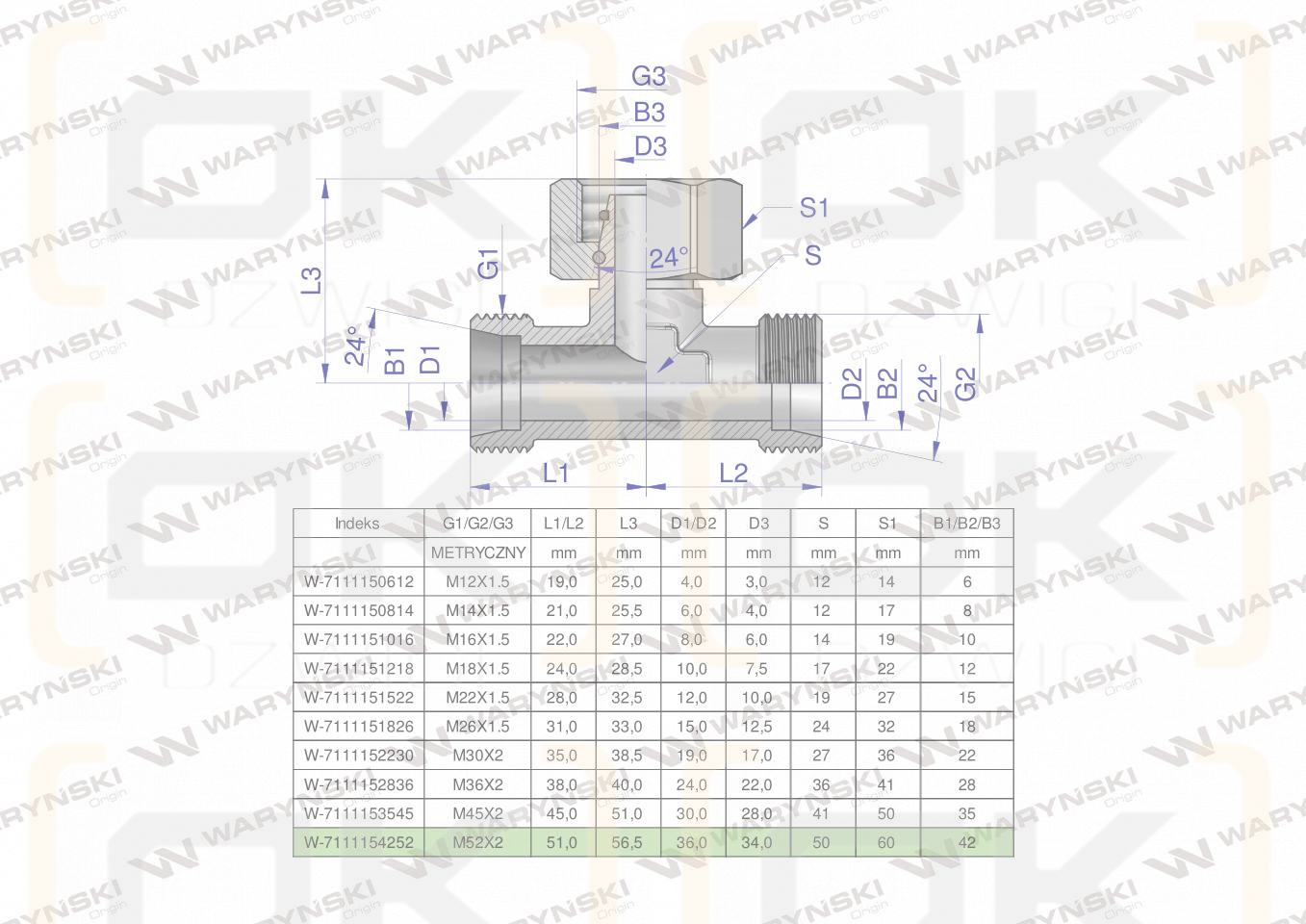 Trójnik hydrauliczny symetryczny metryczny BAB M52x2 42L (XEVT) Waryński