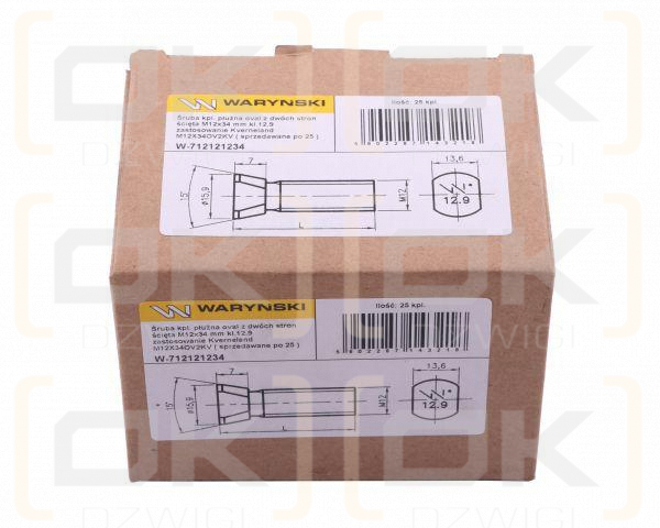 Śruba kpl. płużna oval z dwóch stron ścięta M12x40 mm kl.12.9 zastosowanie Kverneland Waryński M12X40OV2KV ( sprzedawane po 25 )  