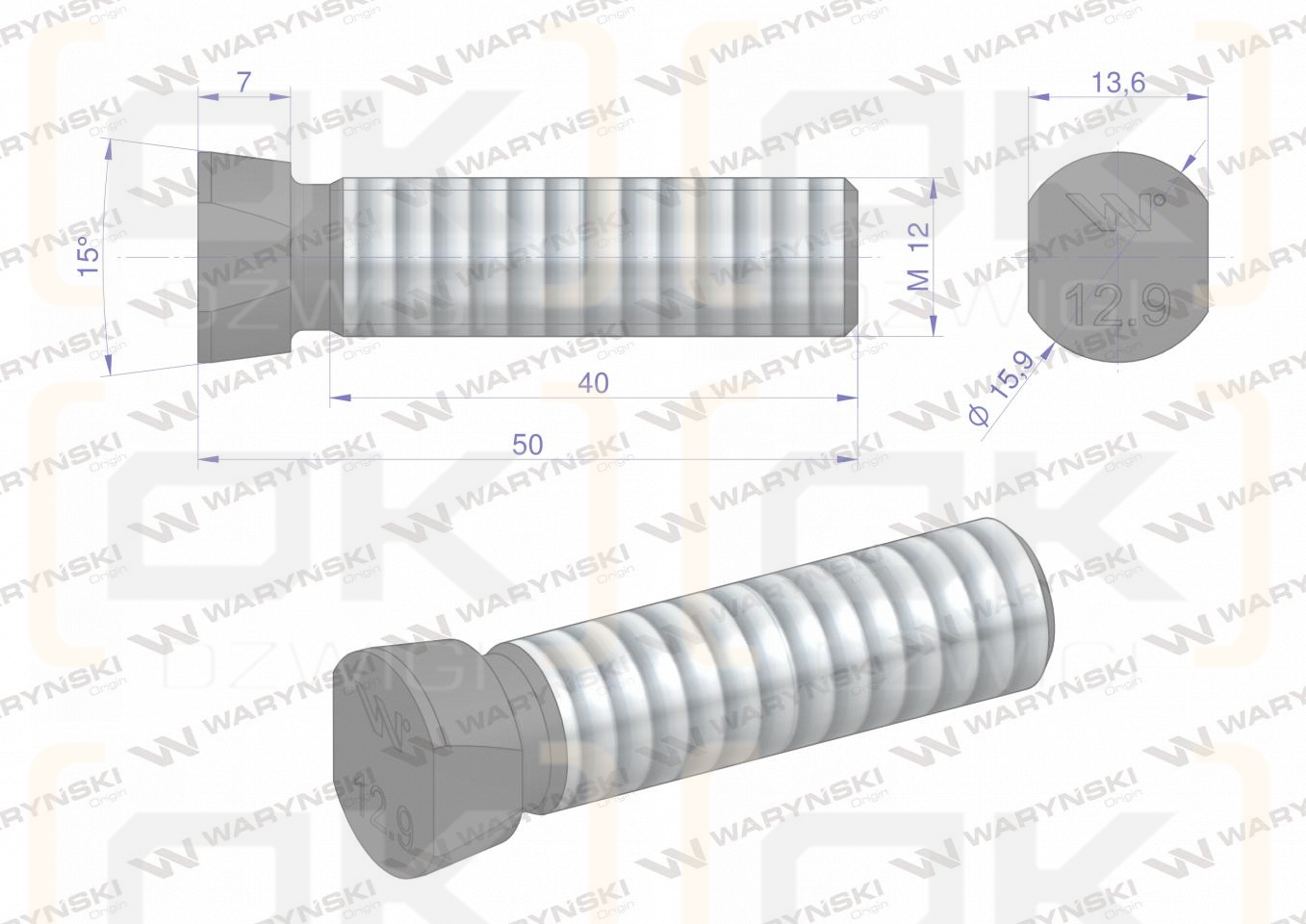 Śruba kpl. płużna oval z dwóch stron ścięta M12x50 mm kl.12.9 zastosowanie Kverneland Waryński M12X50OV2KV ( sprzedawane po 25 )
