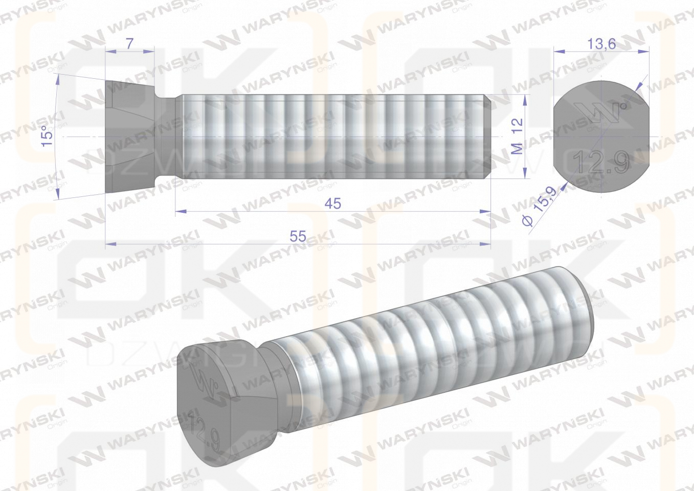 Śruba kpl. płużna oval z dwóch stron ścięta M12x55 mm kl.12.9 zastosowanie Kverneland Waryński M12X55OV2KV ( sprzedawane po 25 )