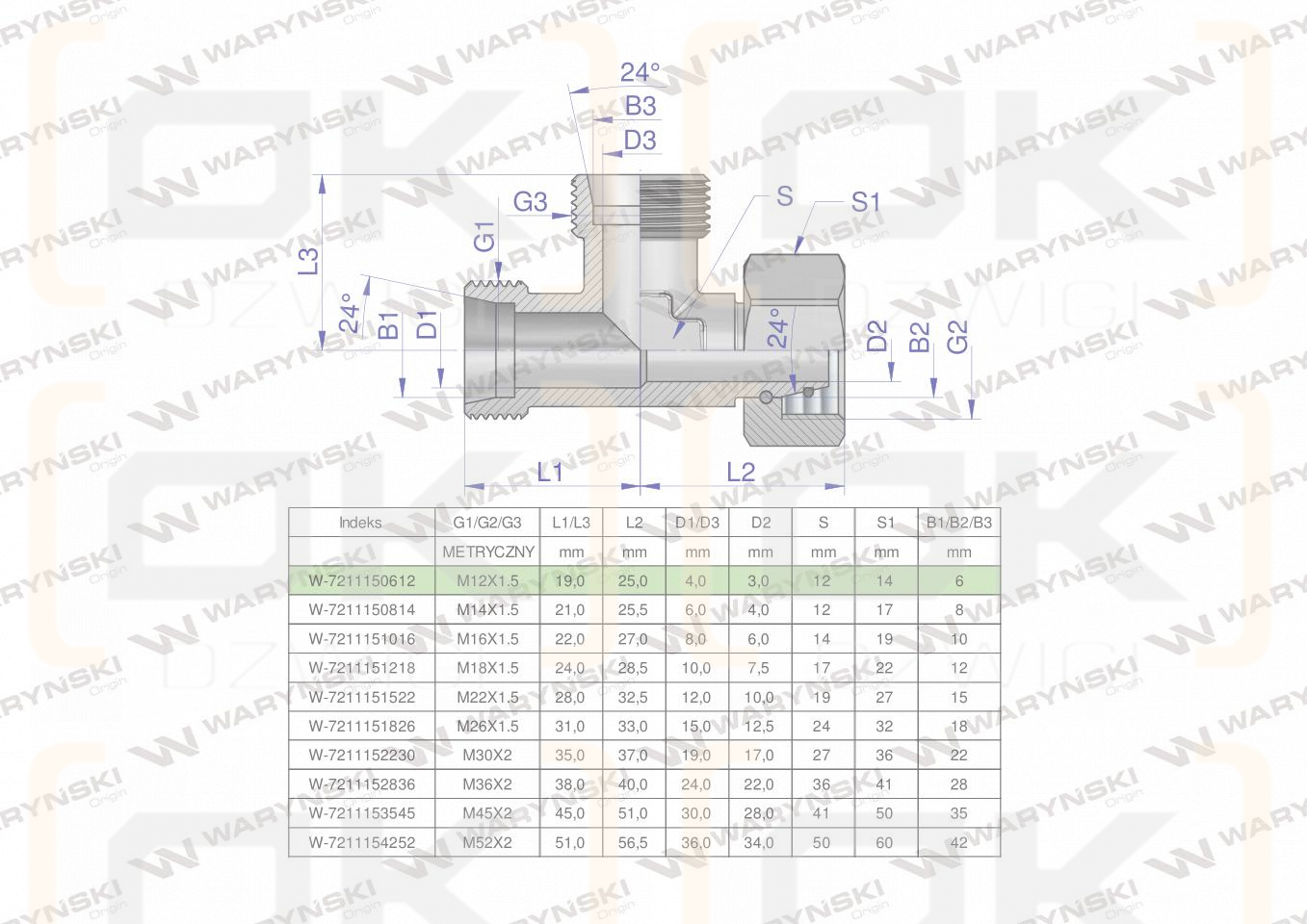 Trójnik hydrauliczny niesymetryczny metryczny BBA M12x1.5 06L (XEVL) Waryński ( sprzedawane po 2 )