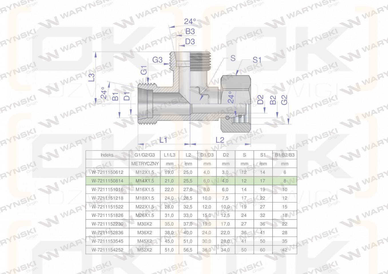 Trójnik hydrauliczny niesymetryczny metryczny BBA M14x1.5 08L (XEVL) Waryński ( sprzedawane po 2 )