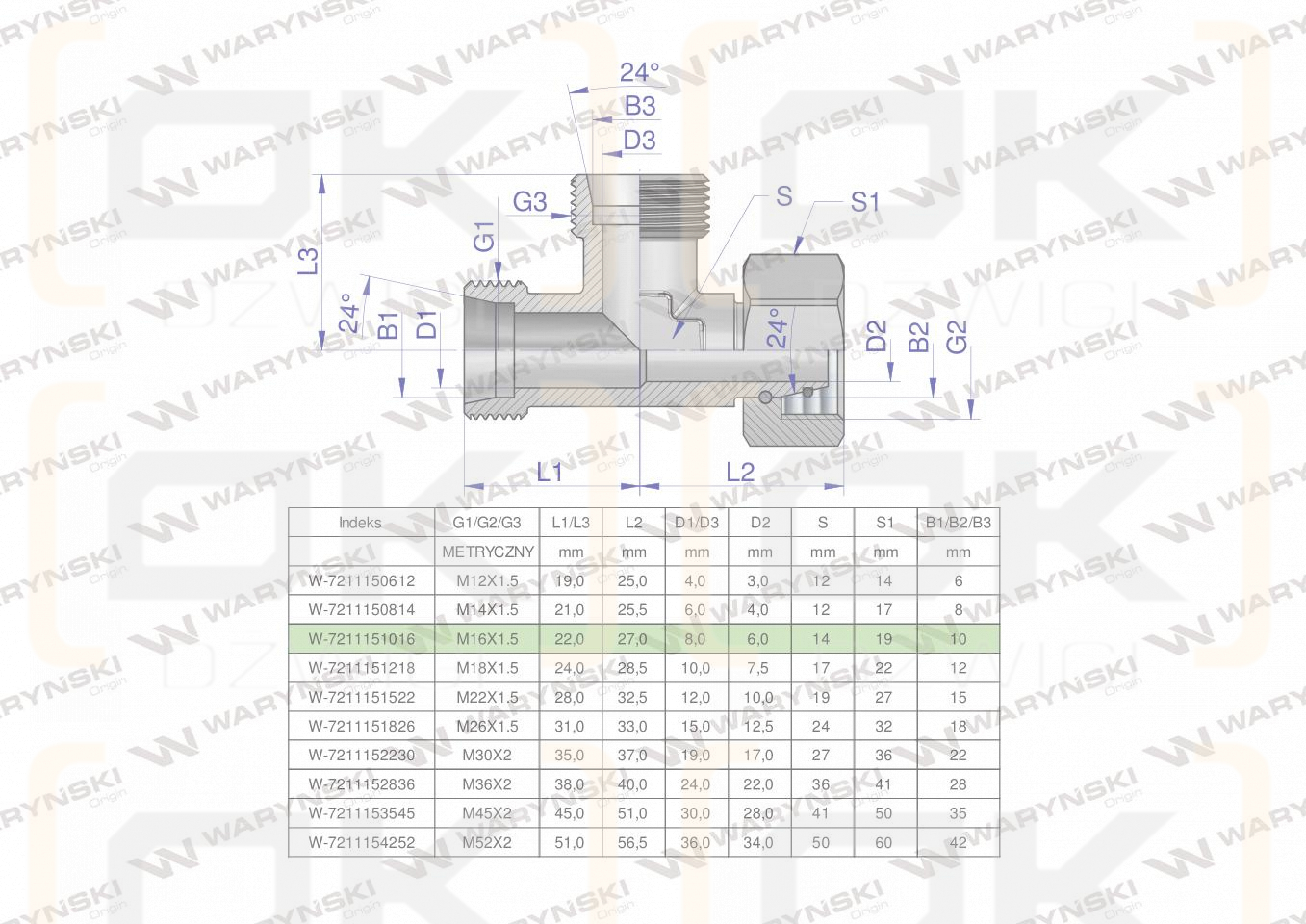 Trójnik hydrauliczny niesymetryczny metryczny BBA M16x1.5 10L (XEVL) Waryński ( sprzedawane po 2 )