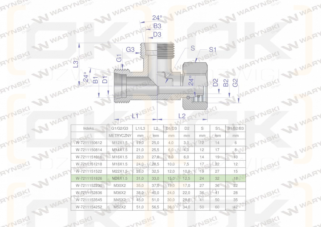 Trójnik hydrauliczny niesymetryczny metryczny BBA M26x1.5 18L (XEVL) Waryński
