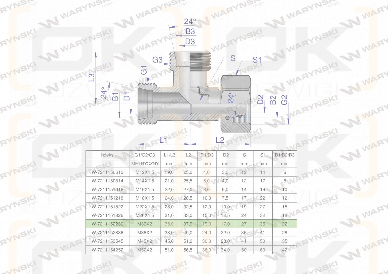 Trójnik hydrauliczny niesymetryczny metryczny BBA M30x2 22L (XEVL) Waryński
