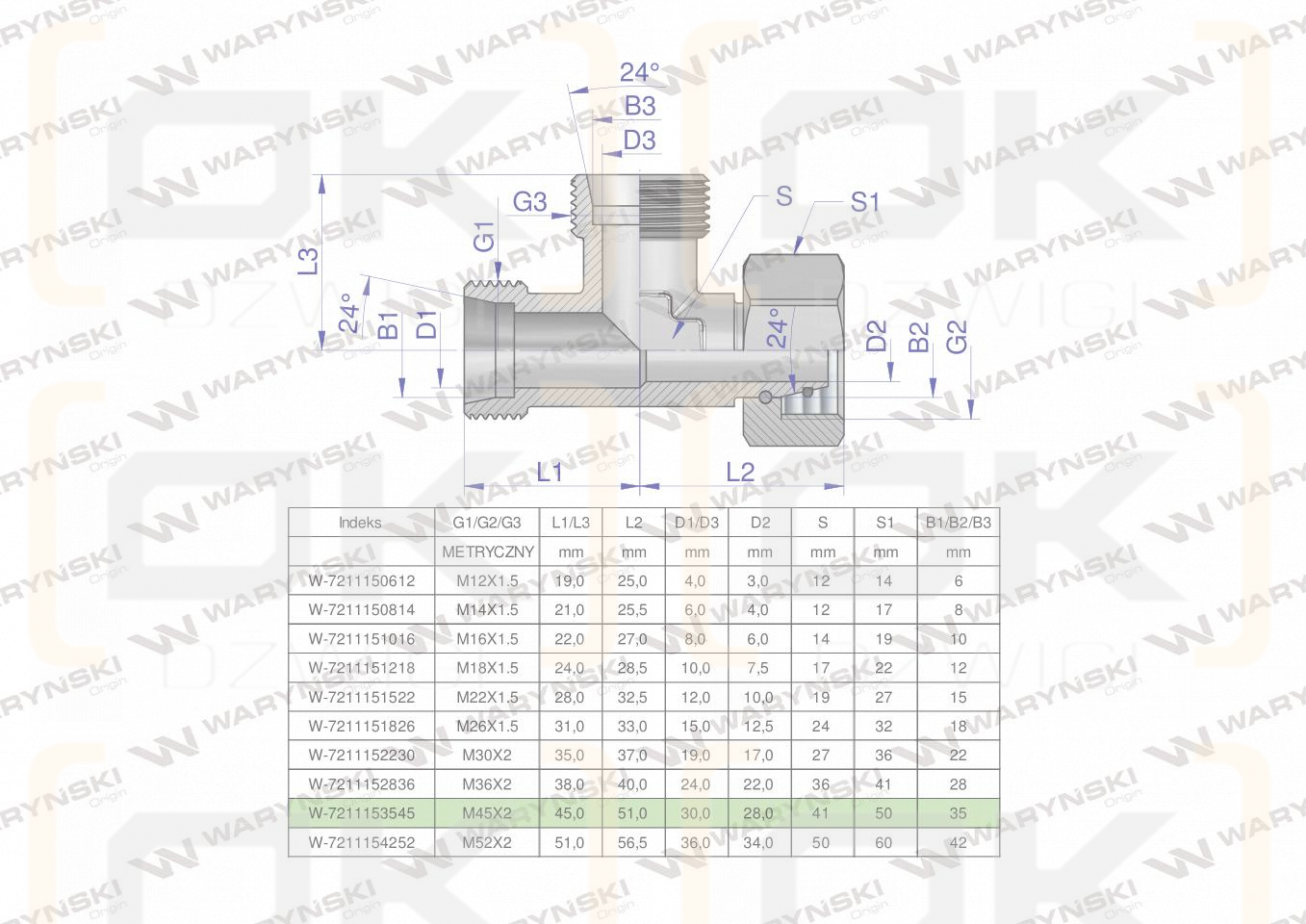 Trójnik hydrauliczny niesymetryczny metryczny BBA M45x3 35L (XEVL) Waryński