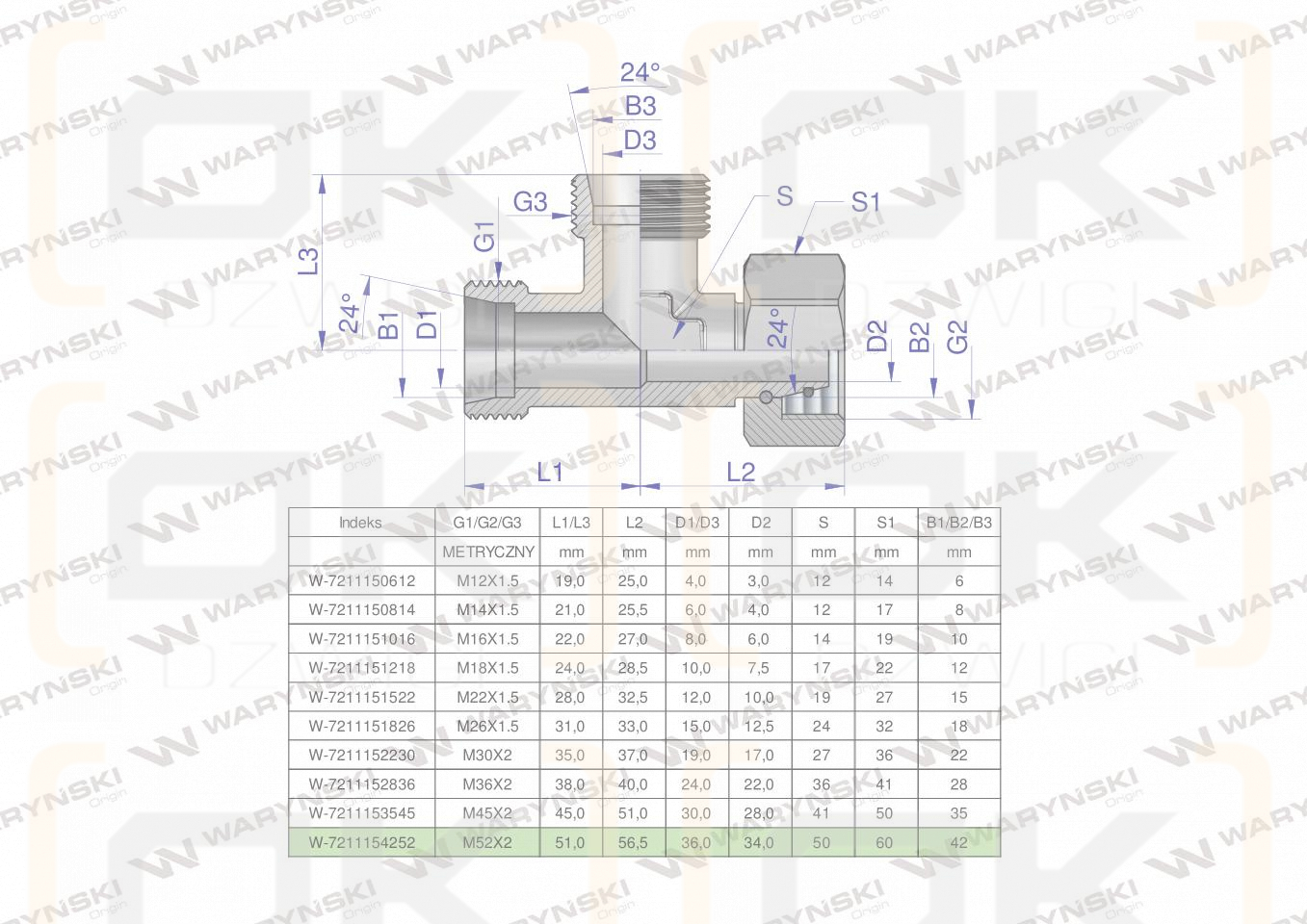 Trójnik hydrauliczny niesymetryczny metryczny BBA M52x4 42L (XEVL) Waryński