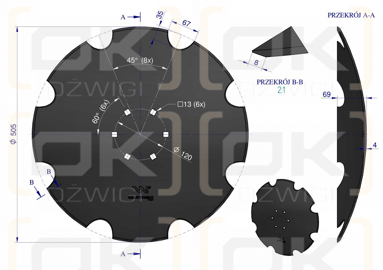 Talerz uzębiony Z-8 fi 510 mocowanie 6/120 grubość 4mm stal borowa WARYŃSKI R