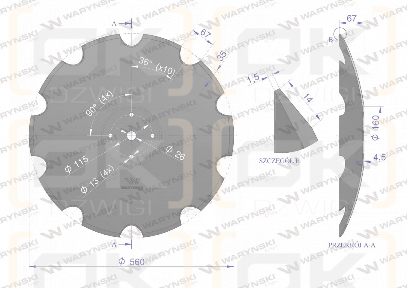 Talerz uzębiony Z-10 fi 560 mocowanie 4/115 grubość 4.5 mm zastosowanie Mandam Waryński