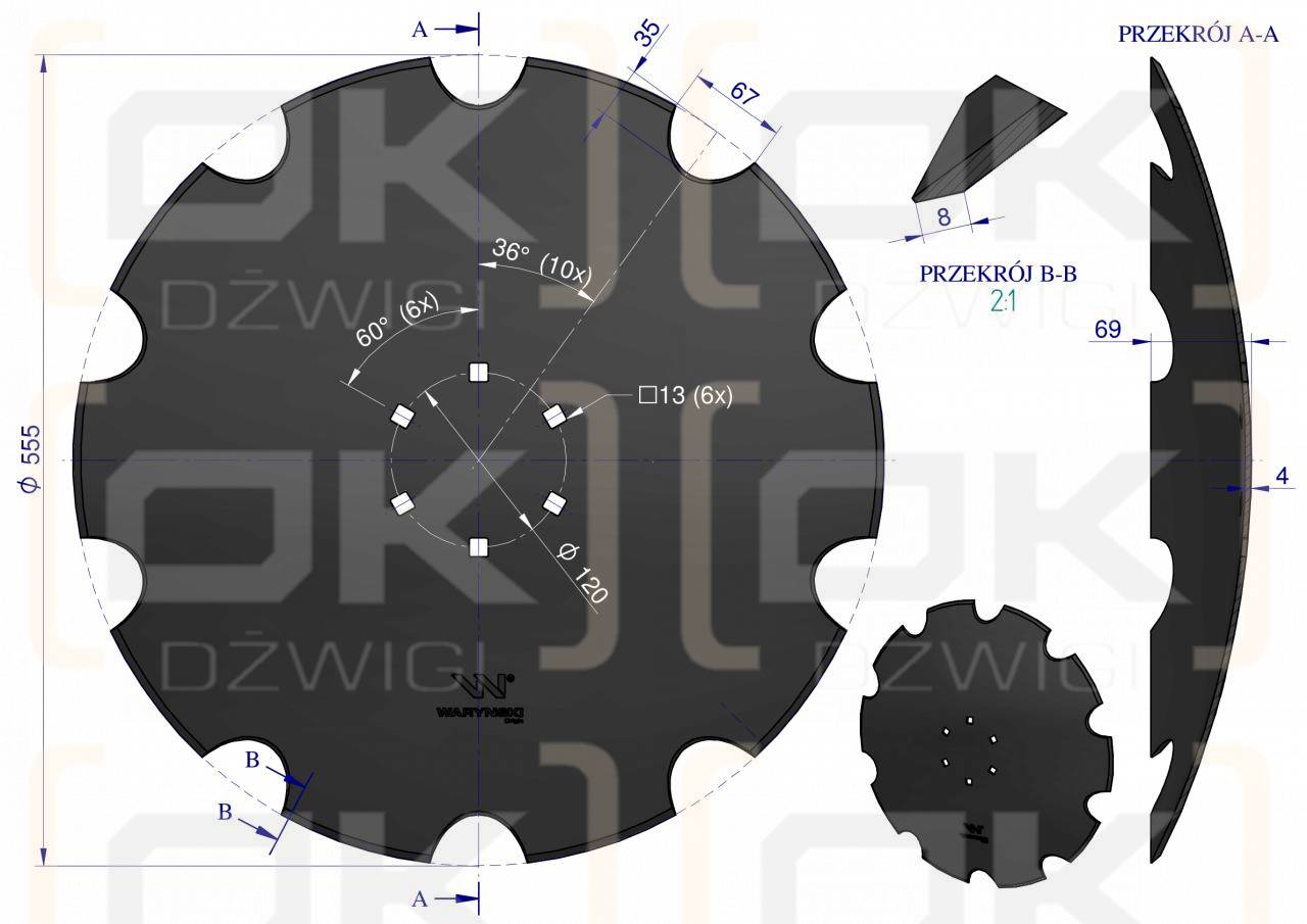 Talerz uzębiony Z-10 fi 560 mocowanie 6/120 grubość 4 mm stal borowa WARYŃSKI R