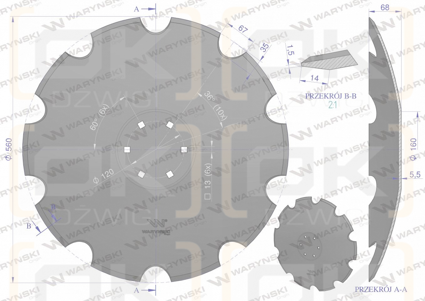 Toothed disc Z-10 fi 560 mounting 6/120 thickness 4.5 mm boron steel straight hub, Tolmet, Waryński