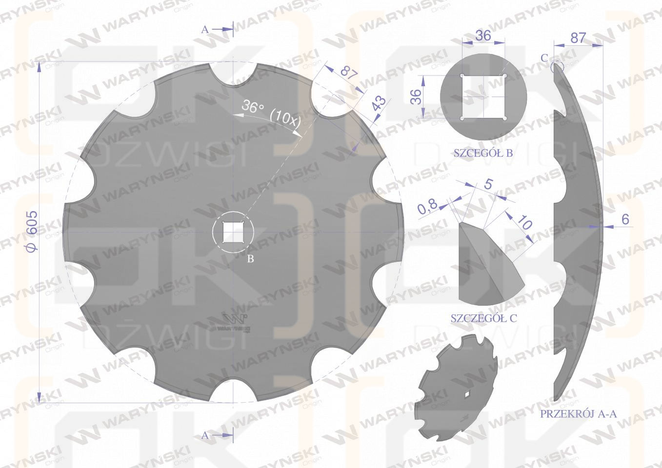 Talerz uzębiony Z-10 fi 610 otwór 35x35 grubość 6 mm stal borowa WARYŃSKI R
