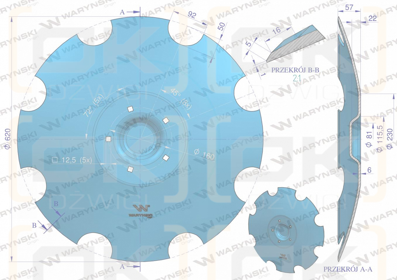 Scheibe, gezahnt Z-8 fi 620 Aufnahme 5/160 Dicke 6 mm Borstahl, Lemken Rubin 3490467, Waryński