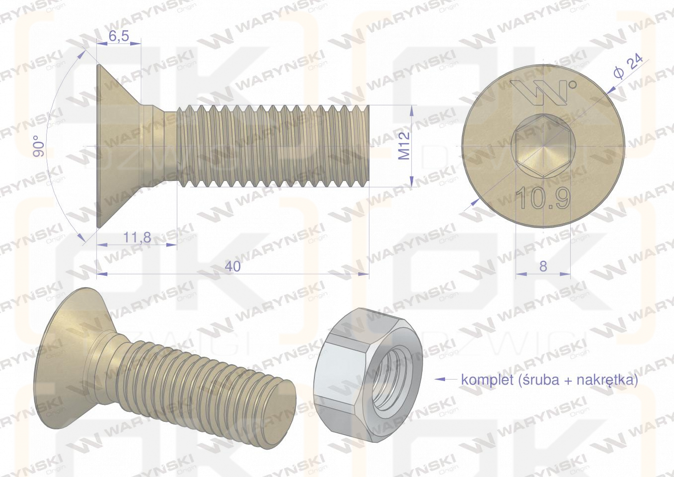 Schraubensatz, M12x40 - Inbusschlüssel Klasse 10.9 DIN7991, (Verkauf in Sätzen zu 25 Stück), Waryński